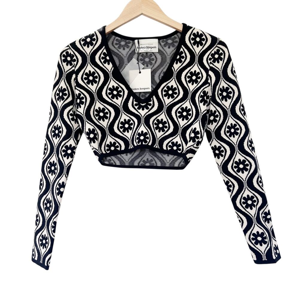 Finders Keepers Quinn Black White Printed Long Sleeve Top Sz XS